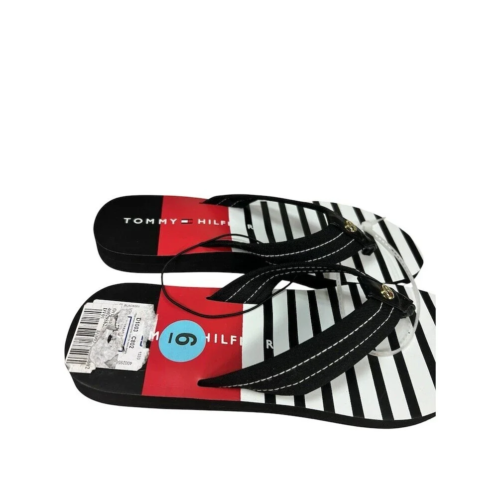 Tommy Hilfiger Womens Flip Flops Thong Sandals Black White Stripe Size 6M